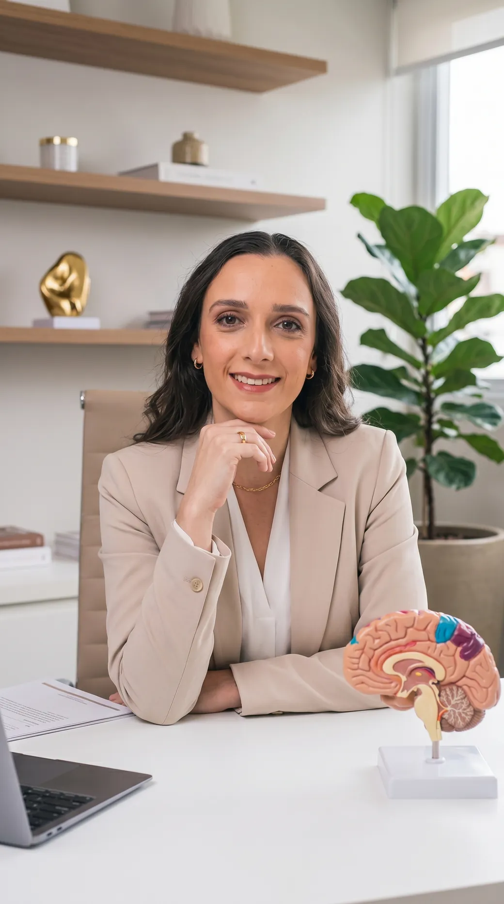 Carolina Tiseo em seu consultório, olhando para frente apoiada na mesa