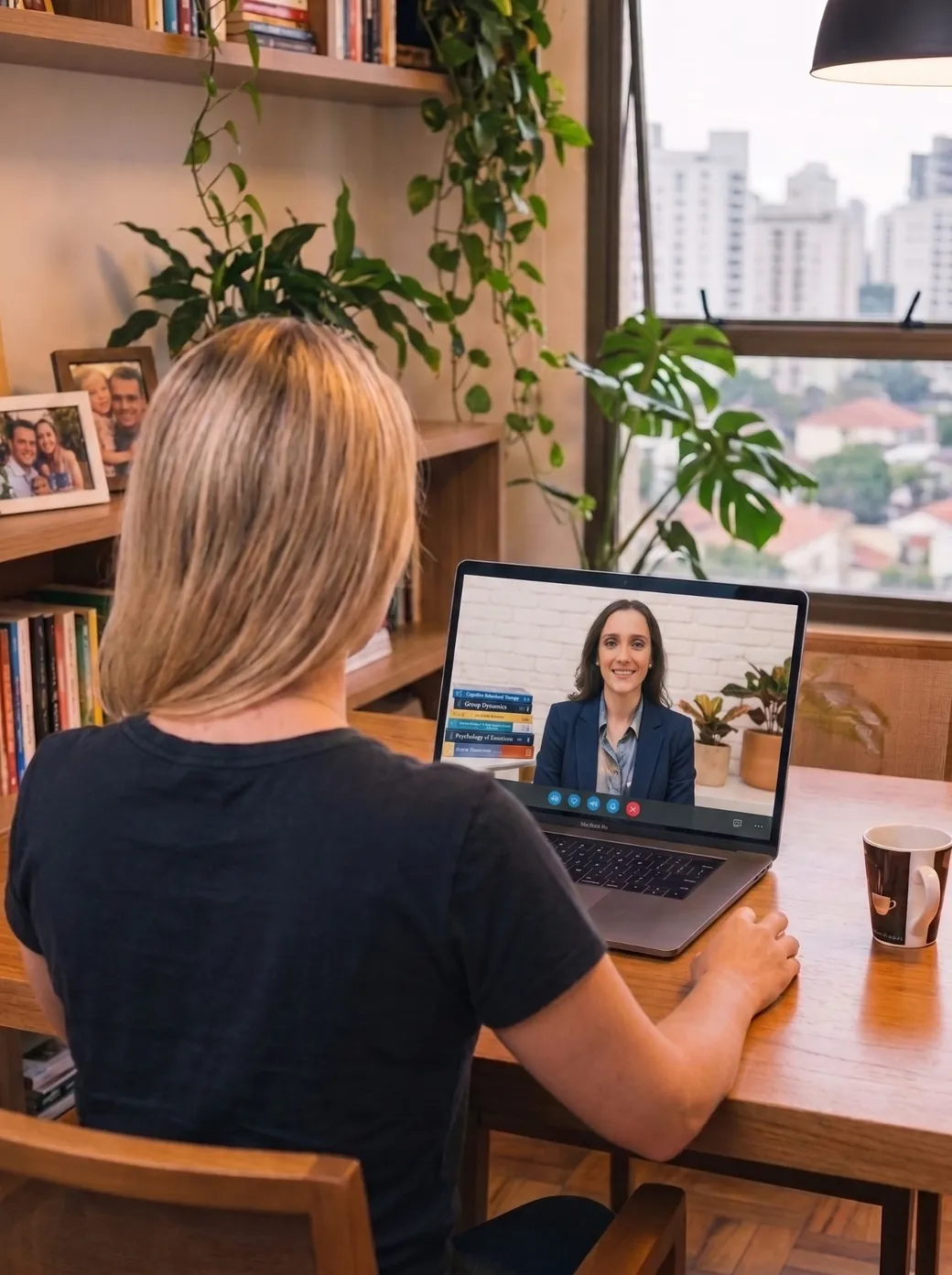 Paciente em consulta online por videochamada com a psicóloga